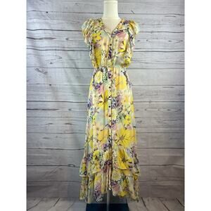 Shoshanna Floral Midi Dress Women Size 2 Multi Color Flutter Sleeve Ruffle Hem